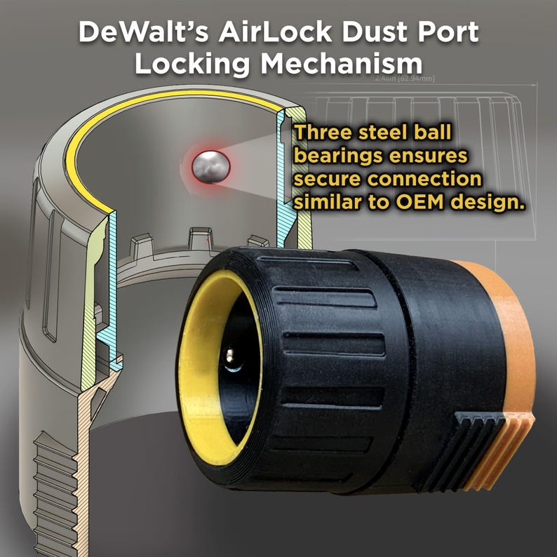 Puede incluir: Ilustraci&oacute;n del mecanismo de bloqueo del puerto de polvo AirLock de DeWalt. La imagen muestra una vista seccionada del mecanismo, destacando tres rodamientos de bolas de acero para una conexi&oacute;n segura. El dise&ntilde;o incluye componentes negros y amarillos.