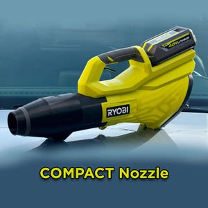 May include: A yellow and black cordless leaf blower with a black nozzle and a yellow handle. The blower has a black battery pack that says "RYOBI 40V LITHIUM". The blower is sitting on a gray surface. The text "COMPACT NOZZLE" is written in yellow letters on a black background.