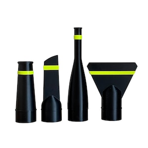 May include: A set of four black vacuum cleaner attachments, each featuring a distinct shape and a bright neon yellow accent ring. The collection includes a tapered round nozzle, a flat angled nozzle, a long thin crevice tool, and a wide nozzle.