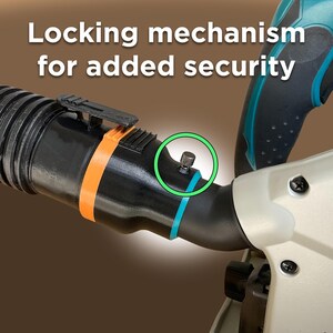 May include: Close-up of a black hose with orange and blue bands, and a locking mechanism. The text "Locking mechanism for added security" is displayed in white at the top of the image. The hose is connected to a teal and silver tool.