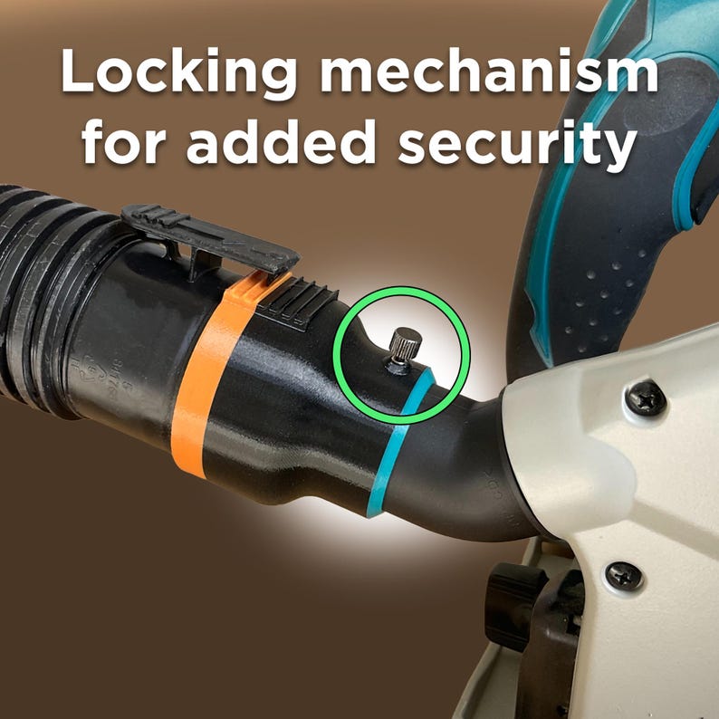 May include: Close-up of a black hose with orange and blue bands, and a locking mechanism. The text "Locking mechanism for added security" is displayed in white at the top of the image. The hose is connected to a teal and silver tool.