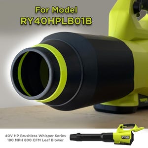May include: A black and yellow leaf blower with the text "For Model RY40HPLB01B". The leaf blower has a black nozzle with a yellow accent ring. The text "40V HP Brushless Whisper Series 180 MPH 800 CFM Leaf Blower" is also visible.