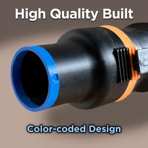 May include: A black, cylindrical object with a blue rim and orange band. The text "High Quality Built" and "Color-coded Design" are displayed on the image. The object has a complex design with a textured surface.