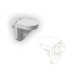 May include: Two white shelf supports, each with a rounded top, a triangular support, and a cylindrical screw mechanism. The supports are rendered in a 3D style, with subtle shading.