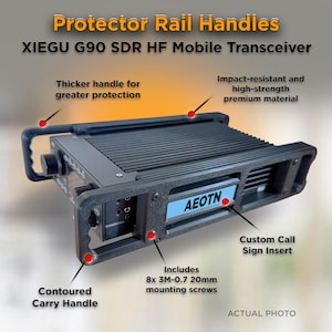 May include: Black Protector Rail Handles for XIEGU G90 SDR HF Mobile Transceiver. Features a contoured carry handle, thicker handle for greater protection, and a custom call sign insert. Includes 8x 3M-0.7 20mm mounting screws. Made of impact-resistant, high-strength premium material.