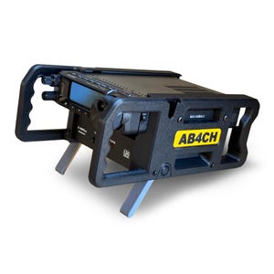 May include: A black radio transceiver mounted in a protective frame with integrated handles and two light gray support legs. The device features a digital display, control knobs, and a yellow label with the black text AB4CH on the side panel.