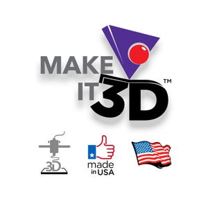 May include: A logo featuring the text MAKE IT 3D in black and grey with a purple triangle and red circle above. Below are three icons: a grey 3D printer nozzle, a thumbs-up symbol with the text made in USA, and a waving American flag graphic.
