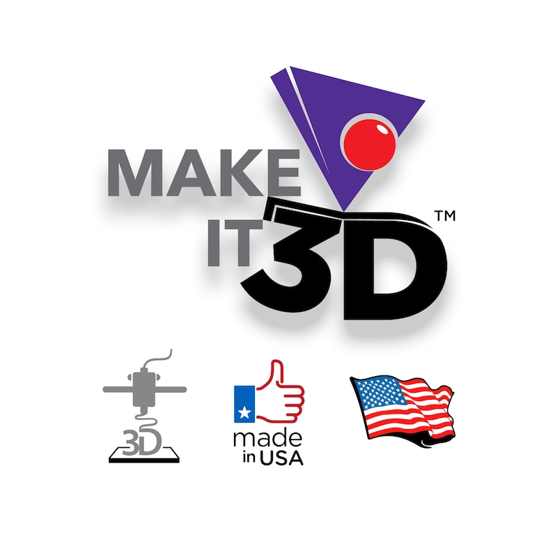 May include: A logo featuring the text MAKE IT 3D in black and grey with a purple triangle and red circle above. Below are three icons: a grey 3D printer nozzle, a thumbs-up symbol with the text made in USA, and a waving American flag graphic.