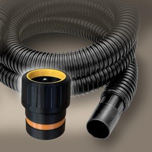 May include: Black corrugated hose with a black and yellow connector. The hose is flexible and appears to be made of a durable material. The connector has a yellow interior and an orange band.