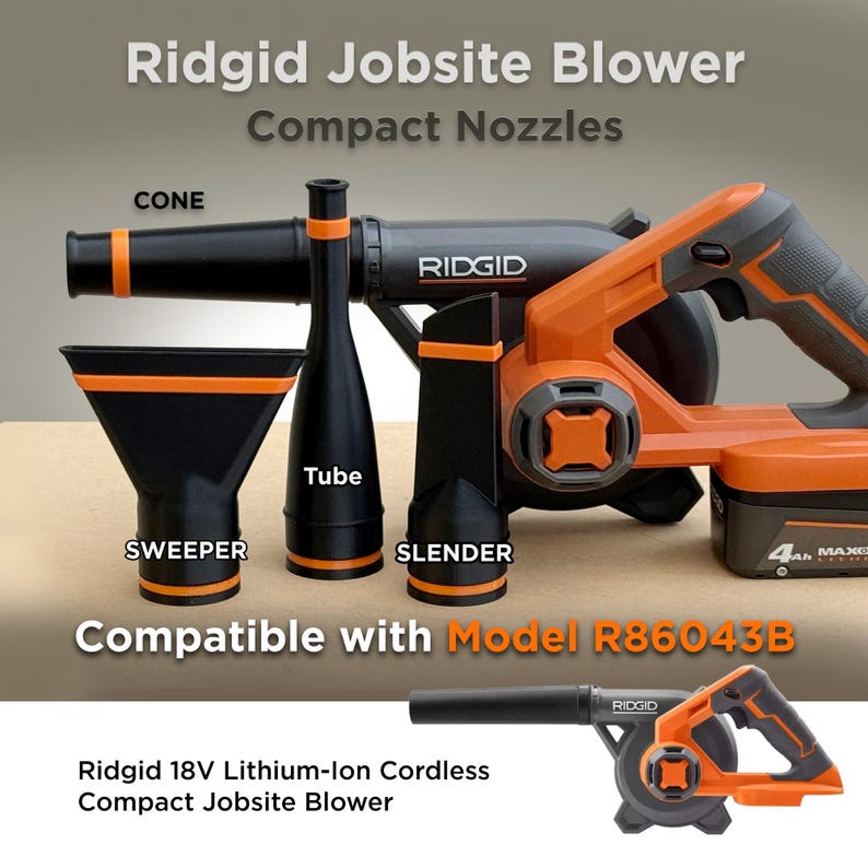 Pu&ograve; includere: Un soffiatore da cantiere compatto senza fili Ridgid 18V agli ioni di litio con vari ugelli: cono, spazzatrice, tubo e sottile. Il soffiatore &egrave; nero e arancione, con il logo Ridgid visibile. &Egrave; presente anche il testo "Compatibile con il modello R86043B".