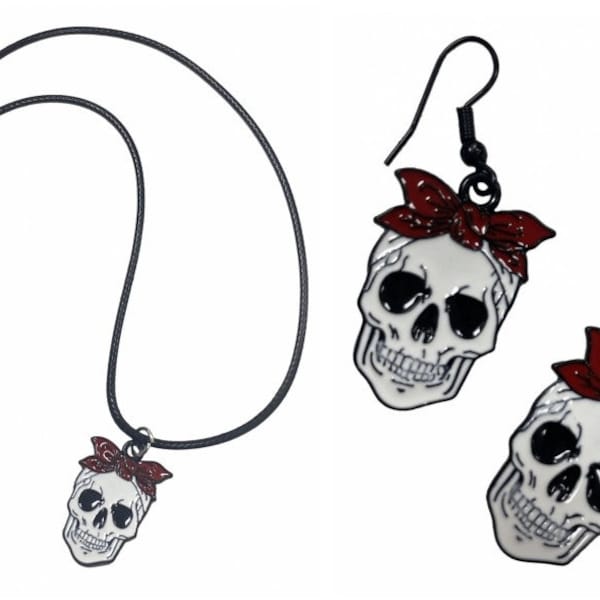 Rockabilly Skull With Red Bow Enamel Necklace On 42cm Black Cord Or Drop Earrings - CHOOSE EITHER