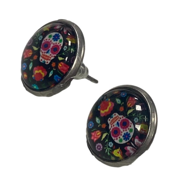 Boucles d'oreilles à tige avec cabochon, jour des morts, crâne en sucre noir, 12 mm