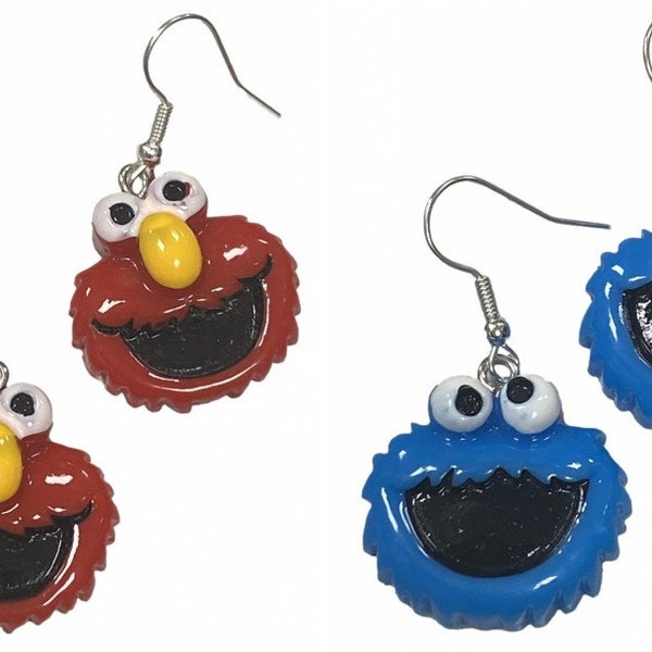 Sesame Street Elmo Or Cookie Monster Acrylic Silver Alloy Drop Dangly Earrings