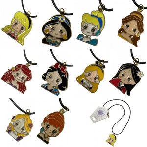 Manga Chibi Style Princess Fairytale Character Enamel Pendant Necklace - 10 Styles Cinderella Mulan Jasmine Ariel Snow White Alice