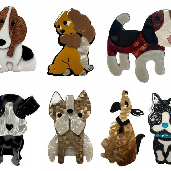 Cute Retro Dog Puppy Large Statement Acrylic 3D Laser Cut Brooch - Choose From Boston Terrier, French Bulldog, Spaniel, Bassett Or Hound