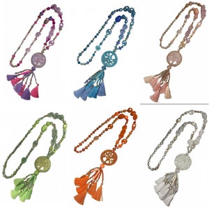Tree Of Life Disc Lagenlook Long Beaded Necklace With Wooden Acrylic Beads & Tassel Embellishments 6 Colour Options - Style 36