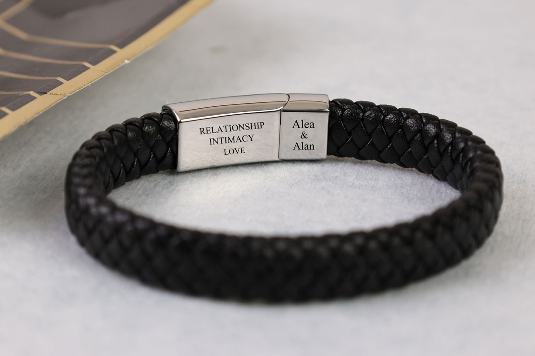 Men's Personalised Leather Bracelet With Matt Black Clasp Engraved