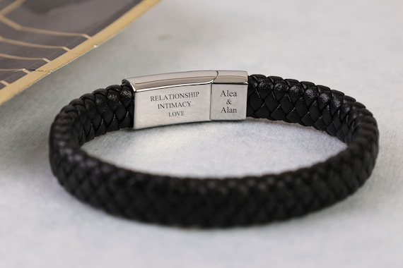 Men s Personalised Leather Bracelet With Matt Black Clasp Etsy