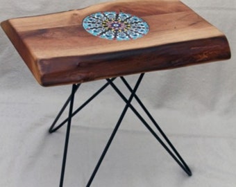 wooden coffee table with hand crafted ceramic tile