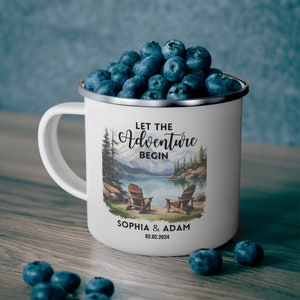 Personalized Wedding Mug, Let The Adventure Begin Enamel Camping Mug,Custom Enamel Mug for Couples,Engagement Mug,Anniversary Gift,Mountain