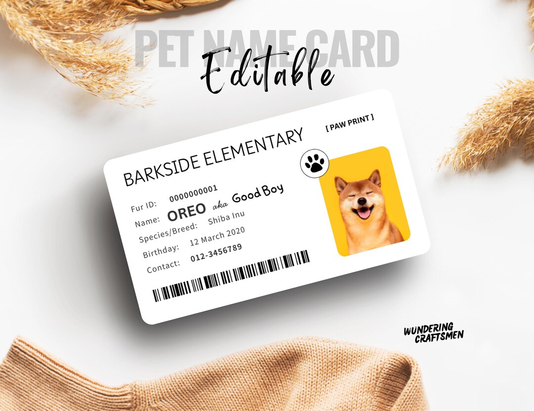 Pet Name Card School Vibes Dog Tag Template Cute Pet Card House Sitting ...