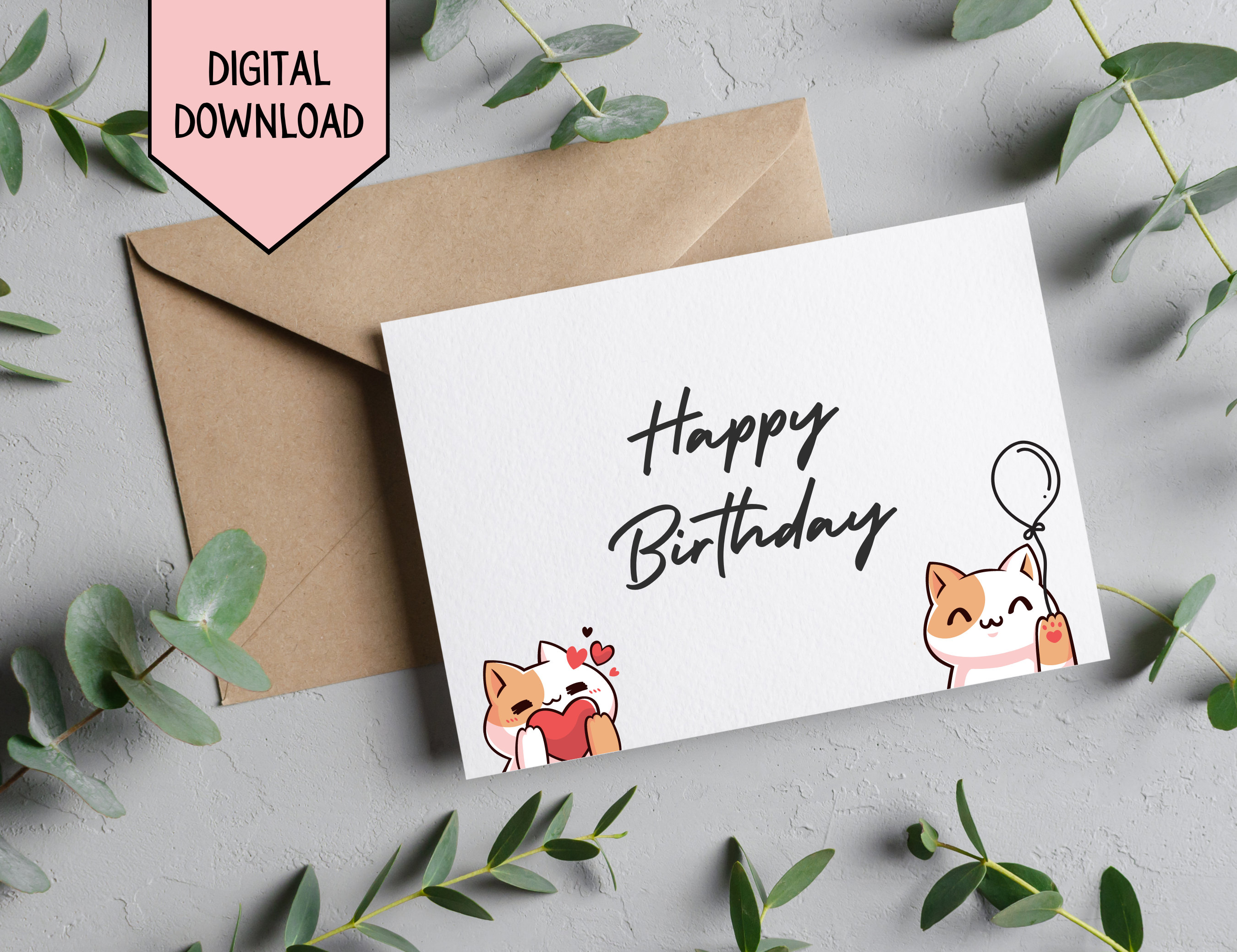 Editable Birthday Card Cute Cat Design Happy Birthday Card Personalized ...