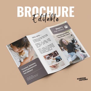 May include: A tri-fold brochure for Bean's Pet Sitters. The brochure features a photo of a woman with three dogs and a photo of a boy holding a cat. The text on the brochure reads "Bean's Pet Sitters", "Loving Care When You're Not There!" and "Trusted, Reliable, and Experienced Pet Sitters!"