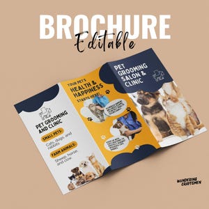 Puede incluir: Folleto tríptico con el texto "BROCHURE Editable" en blanco. El folleto es para una peluquería canina y clínica, con imágenes de gatos, perros y animales de granja. La combinación de colores del folleto incluye azul marino, amarillo y blanco.