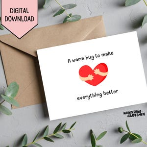 Tarjeta de abrazo cálido para imprimir, tarjeta de ánimo personalizada, tarjeta de felicitación para imprimir en casa, tarjeta para pensar en ti, tarjeta para larga distancia, tarjeta para enviar abrazos, mejor amiga