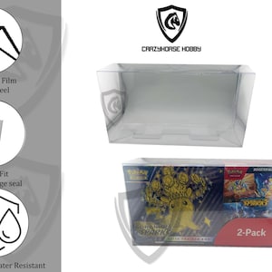 May include: A clear plastic display case with a Pokemon trading card game box inside. The box is labeled "2-Pack" and features colorful graphics. The case is dust and water resistant.