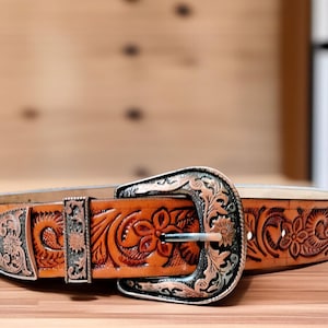Hand Tooled Western Leather Belt: Full Grain Cowboy Style