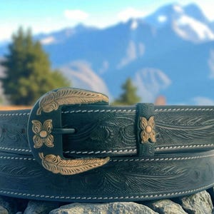 Western Hand-Tooled Black Leather Belt with Decorative Buckle  Rustic Cowboy Style  Vintage Leather Accessory Unique Gift for Him Dads Gift