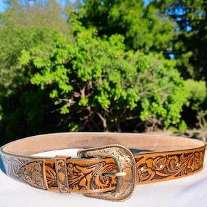 Genuine Brown Tooling Leather Belt - Men&#39;s Western Fashion Essential Premium Brown Cowhide with Floral Design  Custom Handmade Belt