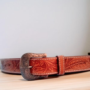 Tan Leather Gold Buckle Hand Tooled Leather Belt with Buckle Full Grain Leather Dress Belt Leather Festival Belt Top Grain Leather