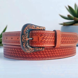 Personalized Hand Tooled Leather Western Belt: Embossed Design, Removable Buckle