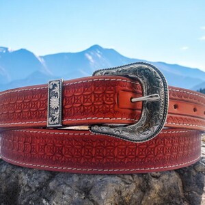 Hand Tooled Full Grain Leather Belt: Engraved Buckle, Western Cowboy Style