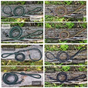May include: A collection of braided rope pet leashes and slip leads in various colors including dark green, black, and a multi-colored pattern of red, yellow, and green. Each item features a metal clasp or ring and a braided handle loop.