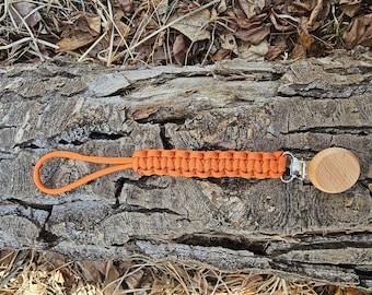 9 Inch Orange Paracord Soother Clip with Wooden Clip - Paracord Baby Pacifier Clips - Baby Gifts - Baby Shower- Newborn Gift