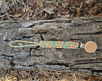 9.5 Inch Rainbow Paracord Soother Clip with Wooden Clip - Paracord Baby Pacifier Clips - Baby Gifts - Baby Shower- Newborn Gift