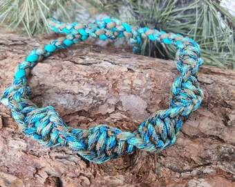Handmade Paracord Bow Wrist Sling: Abyss Coyote Brown Turquoise DNA Weave