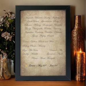 Puede incluir: Una impresión enmarcada con un fondo de pergamino vintage, que presenta las características del signo zodiacal Géminis. El marco negro rodea el texto que enumera rasgos, colores, planeta regente, elemento y fechas. Una vela y una botella doradas están a la derecha.