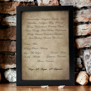 Puede incluir: Impresión enmarcada en negro con texto sobre el signo zodiacal Virgo. El texto está en fuente cursiva sobre un fondo beige. La impresión incluye características, planeta, elemento y fechas.