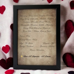 Puede incluir: Un marco negro con una impresión que muestra las características de Libra sobre un fondo de pergamino, rodeado de decoraciones de corazones rojos y negros. El texto incluye "Libra: 24 Septiembre - 23 Octubre".