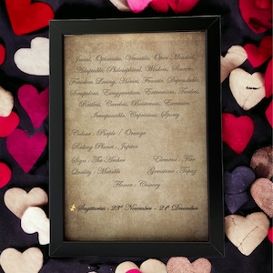 Puede incluir: Un marco negro con texto sobre Sagitario, rodeado de decoraciones en forma de corazón de varios colores. El texto incluye rasgos, colores y fechas. Los corazones son rojos, rosas, blancos y morados.