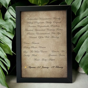 Puede incluir: Un marco negro con una impresión con texto sobre un fondo beige. El texto describe los rasgos de Acuario, color, planeta, elemento, piedra preciosa y flor. También se enumeran las fechas de Acuario.