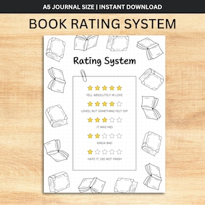 Peut inclure: Un système d'évaluation de livres imprimable avec des évaluations à cinq étoiles pour différents niveaux de plaisir. Les évaluations incluent "Je suis tombé amoureux", "J'ai aimé, mais quelque chose n'a pas fonctionné", "C'était moyen", "Pas terrible", et "Je déteste, je n'ai pas fini".