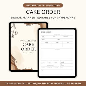 Könnte beinhalten: Zwei digitale Tablets mit einem Kuchenbestellplaner. Der Planer enthält Abschnitte für Kundendetails, Geschmack, Füllung und Zuckerguss. Der Text enthält "CAKE ORDER" und "DIGITAL PLANNER | EDITABLE PDF | HYPERLINKS".