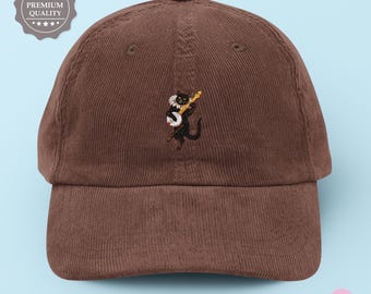 Banjo Cat Embroidered Corduroy Cap | Whimsical Animal Dad Hat | Gift for Banjo Player