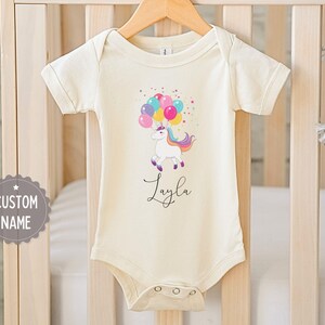 Personalized Unicorn Baby Bodysuit: Custom Name, Balloons