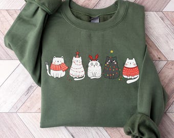 Festive Cats Christmas Sweatshirt, Holiday Cat Lover Gift